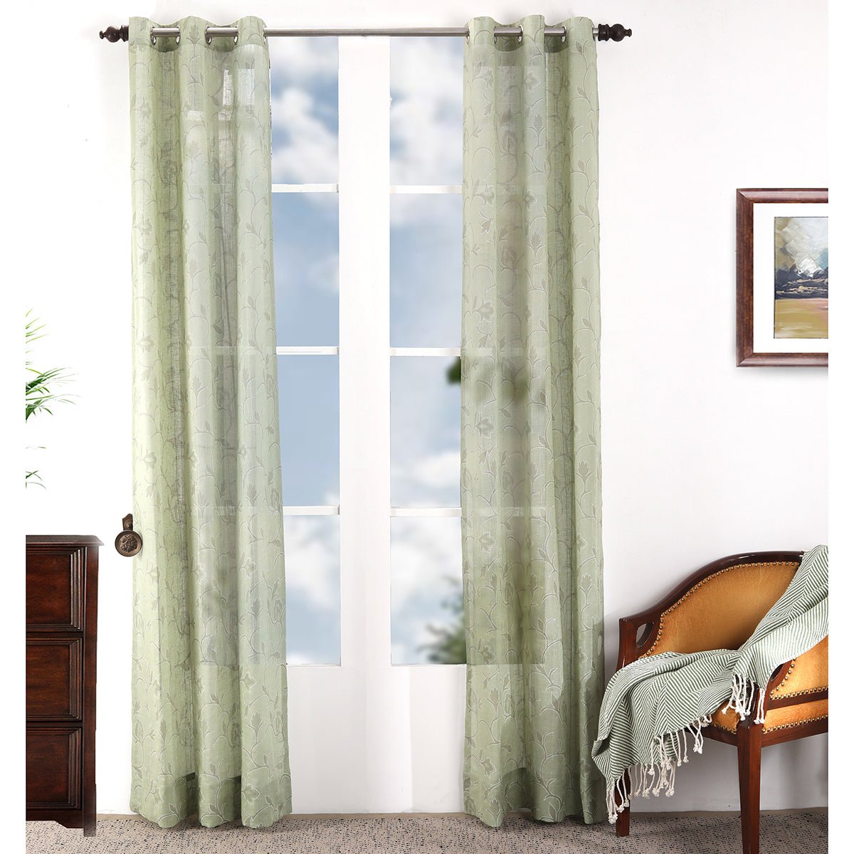 Sicilian Stripe Solid 2PC Green Curtain Set