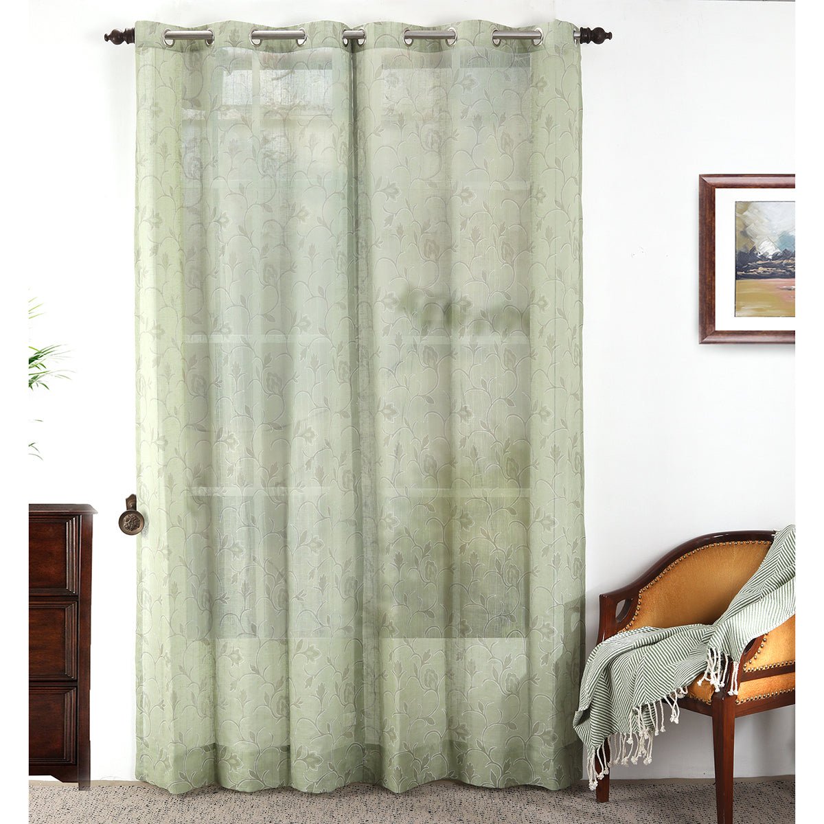 Sicilian Stripe Solid 2PC Green Curtain Set
