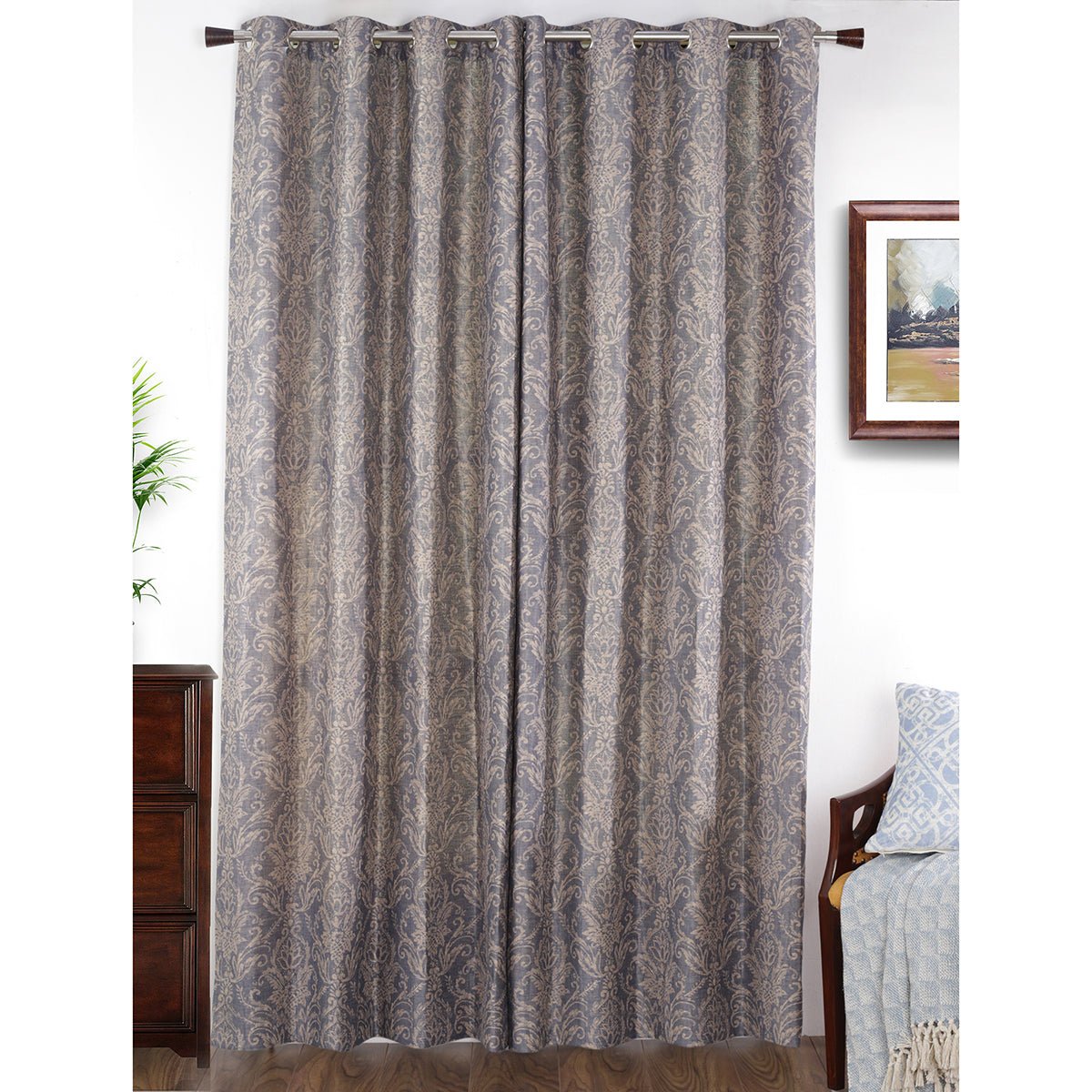Paradise Damask Jacquard Blue Curtain Set