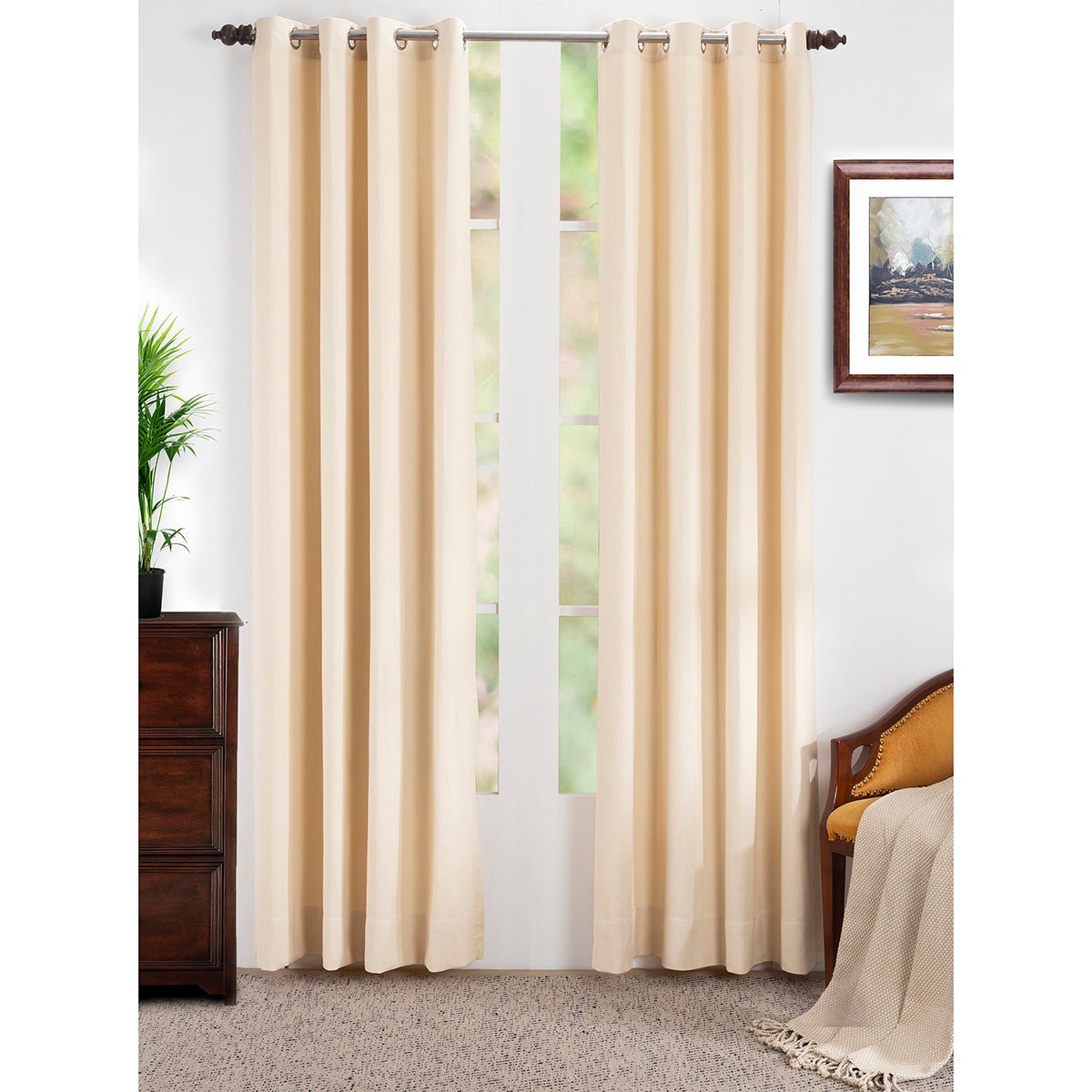 Ladder Stripe Solid 2PC Beige Curtain Set