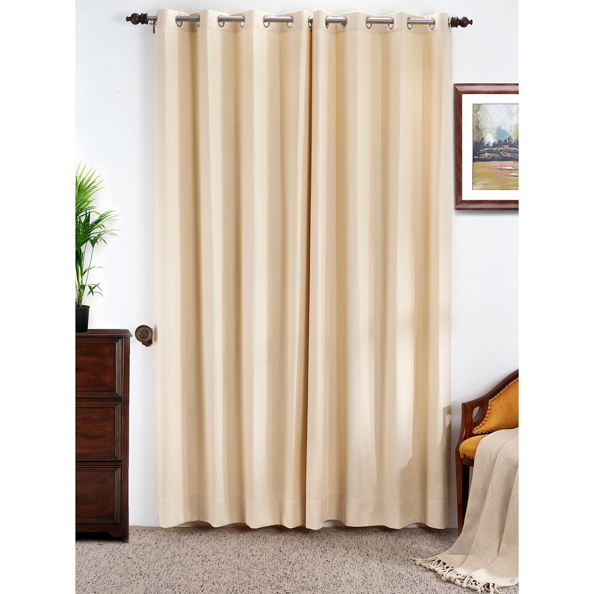 Ladder Stripe Solid 2PC Beige Curtain Set