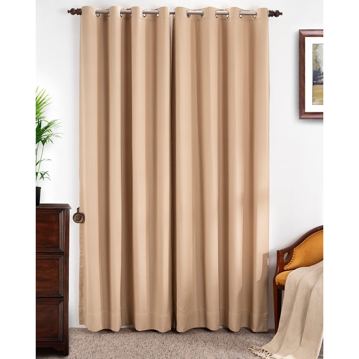 Ladder Stripe Solid 2PC Beige Curtain Set