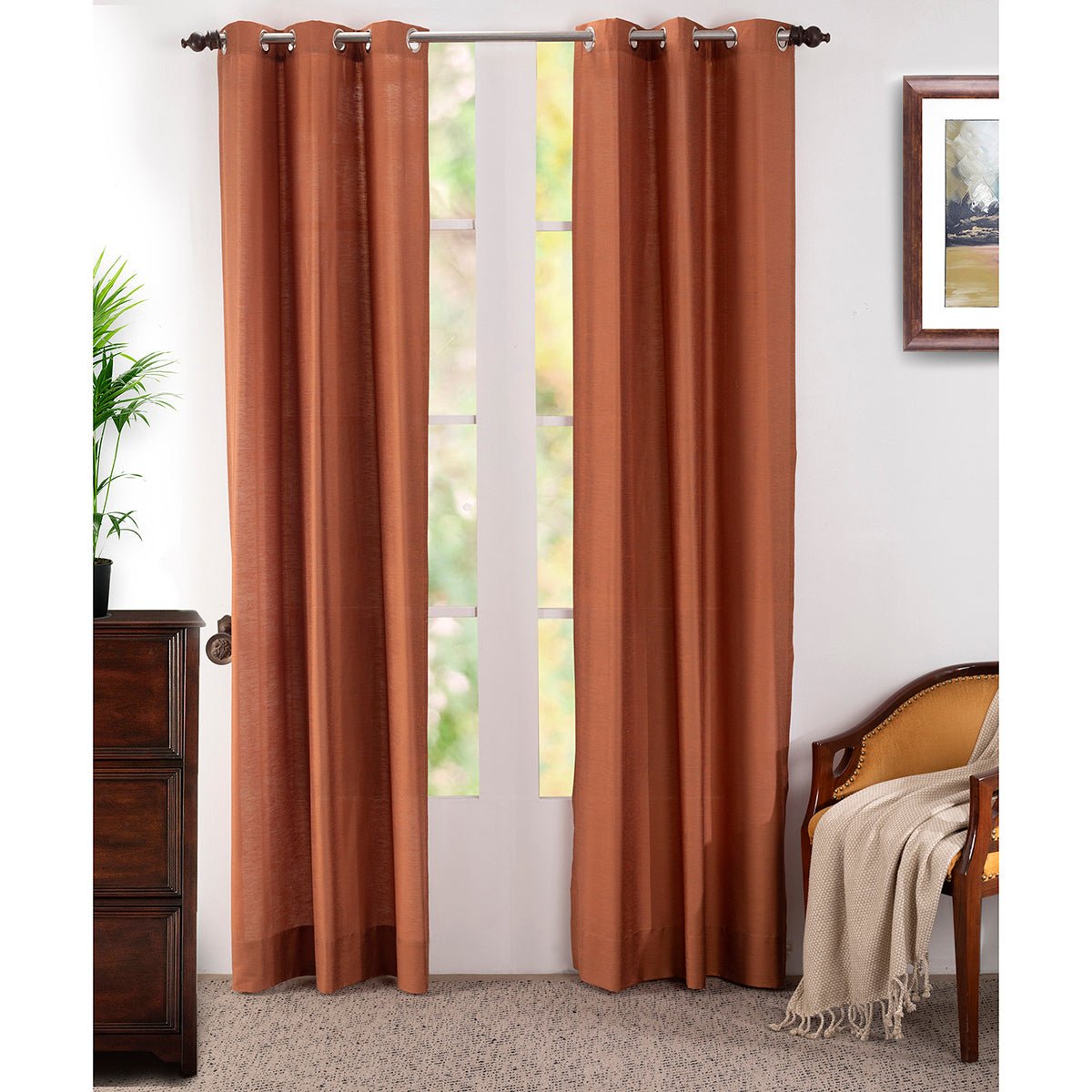 Silky Sillion Solid 2PC Orange Curtain Set