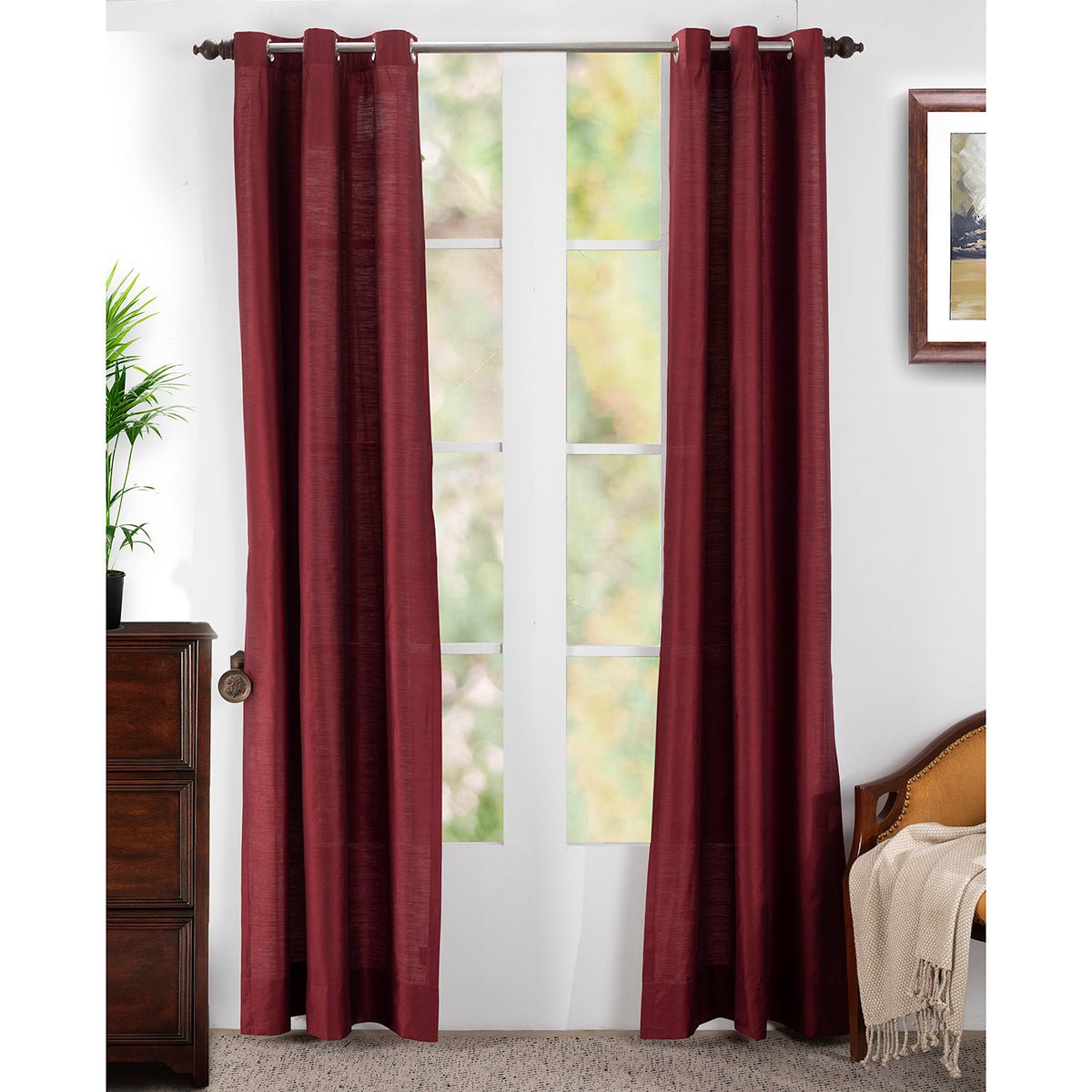 Silky Sillion Solid 2PC Red Curtain Set